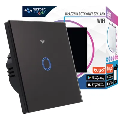 Zdjęcie produktu dla MasterLED RF, dotykowy przełącznik ścienny 1-kanałowy, szklany, czarny, 433 MHz, przełącznik schodowy, IP54