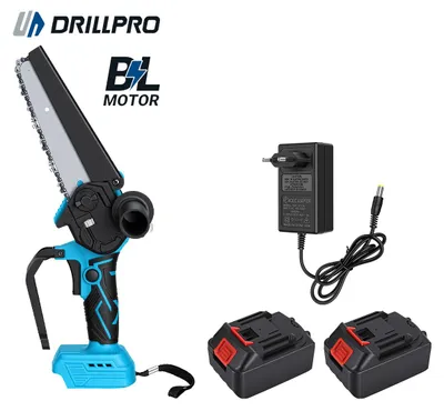 Obrázok produktu pre Drillpro akumulátorová reťazová píla, 500 W, bezuhlíkový motor, 15 000 otáčok za minútu, mini motorová píla, píla na konáre, píla na drevo, s 2 batériami a 1 nabíjačkou