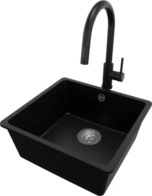 Produktbild von PRIMAGRAN Granitspüle Schwarz 46x44cm, Spülbecken 1 Becken + Küchenarmatur 40x20cm + Ablauf-Set, Küchenspüle ab 50er Unterschrank - Venedig Slim Easy