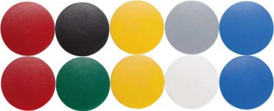 Produktbild von MAUL Magnet rund 10 Stück 0,8 kg Kunststoff Ferrit bruchsicher erodiert lackiert Ø 3.2 x 0.96 cm blau rot gelb grau grün schwarz weiß