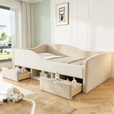 Produktbild von Merax Polsterbett Tagesbett 90×190cm mit Schutzgitter und 2 Schubladen, Sofabett mit Stauraum, Multifunktionsbett Kinderbett mit Samtstoff, Beige