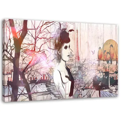 Obrázok produktu pre Obraz na plátne žena vo francúzsku 120x80 cm Feeby ružová maľba na stenu pripravené na zavesenie