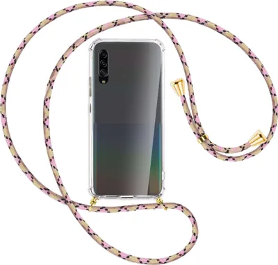 Produktbild von Handykette Backcover-Schutzhülle mit Band (Metall goldfarben) für Samsung Galaxy A90 5G - rosa Karo