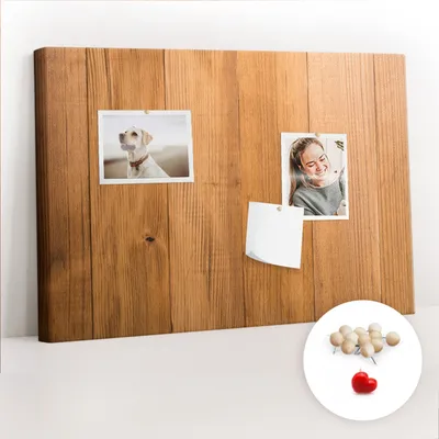 Imagen del producto de Tablero de corcho con chinchetas - Tablero con chinchetas para fotografías y notas - 60x40 cm - 100 chinchetas de madera - Paneles de madera