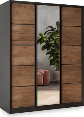 A three-door wardrobe with a mirrored center door, featuring a wood grain finish on the outer doors.