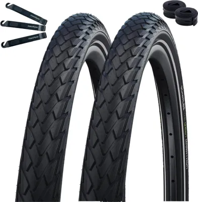 Image de 2 x Schwalbe Marathon Green Guard Pneus vélo Eco Noir/Reflex 28-622 (28 x 1,10) + 2 chambres à air AV15 y compris démonte-pneus maxxi4you