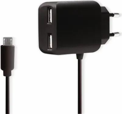 A black USB wall adapter with two USB ports and a black Micro-USB cable are shown against a white background.