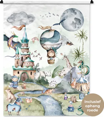 Produktbild von MuchoWow® Wandteppich Wandbehang Kinder - Heißluftballon - Drache - Jungen - Burg - Aquarell 90x120 cm Tapisserie Dekoration Wandtuch - Wanddeko