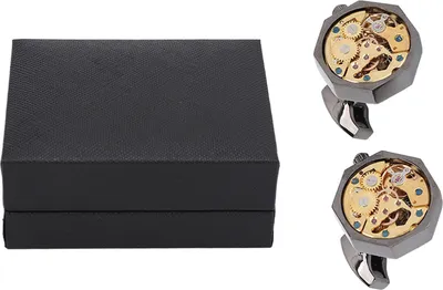 Produktbild von 2Pcs Herren Manschettenknöpfe Uhrwerk Design Silber Schwarz Fadeless Messing polierte Oberfläche Manschettenknöpfe für Hochzeit Treffen