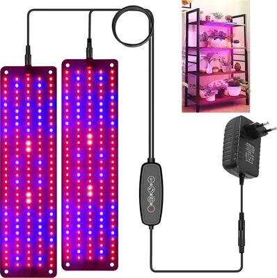 A product shot of LED grow lights and a power adapter, with a small inset image of plants on shelves under grow lights.