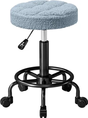 Produktbild von Runder Drehhocker - Rollhocker - Höhenverstellbar 50–66 cm - 360° Drehbar - Leise Rollen - Gepolsterter Sitz aus Teddystoff - Blau