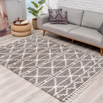 Produktbild von Hochflor Teppich Shaggy Taupe 240x340 cm - Ethno-Rautenmuster, Kettfäden - Flauschiger Wohnzimmerteppich