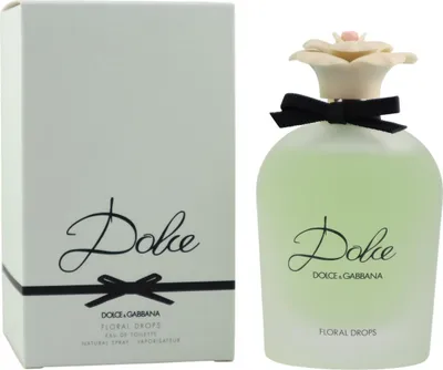 Dolce & Gabbana Floral Drops Parfumflakon in zartem Grün mit Blumenverschluss, neben eleganter grüner Verpackung mit schwarzer Schleife.