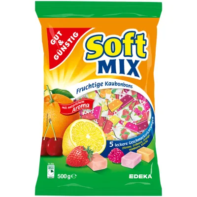 Produktbild von Gut & Günstig Softmix fruchtige Kaubonbons in 5 leckeren Sorten (500g Packung) + usy Block