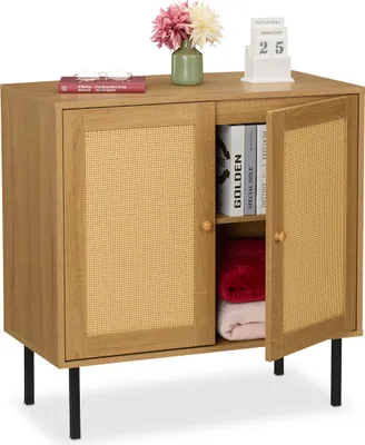 Produktbild von Relaxdays Kommode, 2 Türen, 2 Fächer, Rattan- & Holzoptik, 80 x 80 x 40 cm, Wohnzimmer, Küche, Sideboard, natur/schwarz