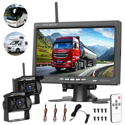 Image de Système de caméra de recul sans fil - Moniteur de 17,8 cm - 2 caméras de recul sans fil - Vision nocturne infrarouge - Lignes de guidage pour le stationnement - Adapté aux camions, aux camping-cars et aux remorques