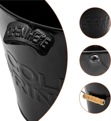 Produktbild von Zink Eiseimer mit Flaschenöffner - schwarz - Metall Getränkekühler 22 cm mit Holzgriff