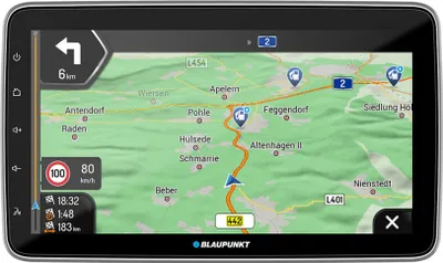 A Blaupunkt navigation system displaying a map with route information.