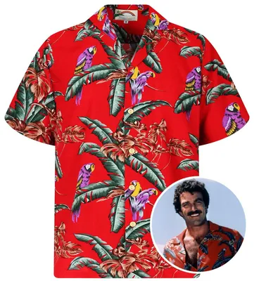 Produktbild von Paradise Found Hawaiihemd Tom Selleck "Jungle Bird" in Rot Original Herren Hawaiihemd Kokosnussknöpfe Kurzarm Front-Tasche