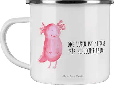 Produktbild von Mr. & Mrs. Panda becher emaille Axolotl Glücklich - Weiß - Geschenk, Lebensfroh, Kaffeepott, Tasse, Motivation, Schwanzlurch, gut Gelaunt, Teetasse, Lurch, Campingbecher