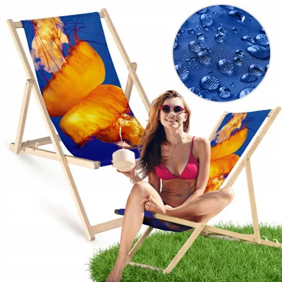 Obrázok produktu pre Skladacie drevené ležadlo „Žltá medúza“ – záhradná stolička, relaxačná stolička, ležadlo, balkón, terasa, námorný motív