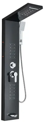 Produktbild von LED Regendusche - Duschpaneel mit Körperdüsen und Wannenarmatur - 304 Edelstahl - LED-Beleuchtung per Handysteuerung - Kopfbrause >40 cm - Einhebelmischer - Schwarz