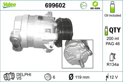 Produktbild von VALEO 699602 V5 Klimaanlage Klimakompressor PAG 46 R134a für OPEL Astra G CC (T98) Astra G Caravan (T98) ASTRA G Cabriolet (F67) VECTRA B (36)