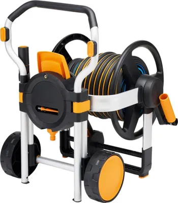 A garden hose reel cart on a white background.