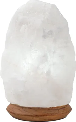Produktbild von HAF Weiße Salzlampe aus echtem Kristallsalz | 2-3 kg Salzkristalllampe in Naturform | Salzsteinlampe auf Holzsockel aus der Salt Range Punjab