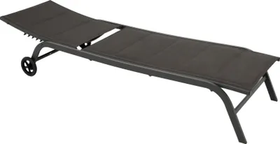 A gray chaise lounge with wheels on a white background.