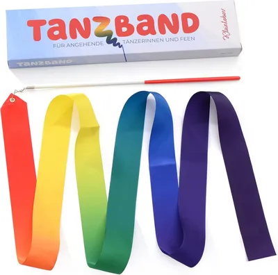 Produktbild von Kleintober Premium Gymnastikband mit Stab I Kinder Regenbogen Band I Gymnastik Band I Tanzband I mit Bilderanleitung für Übungen I optimales Geschenk für Mädchen I Mitgebsel I Kindergeburtstag