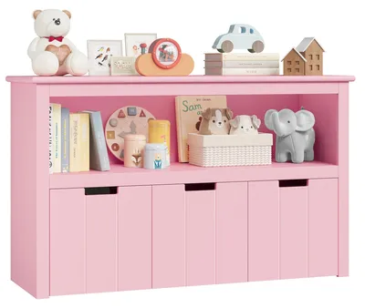 Zdjęcie produktu dla Szafka na zabawki dla dzieci – regał na kółkach – 3 drewniane szuflady – do pokoju dziecięcego lub salonu – 102 x 33 x 61,5 cm – różowa