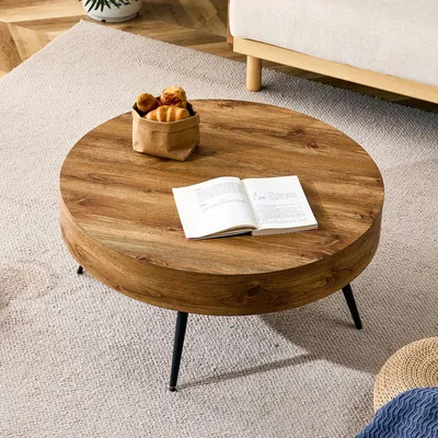 Produktbild von MODFU Runder Kaffeetisch,Sofatisch,in Holzoptik & schwarzen Metallbeinen,Minimalistisches Design,für kleine Wohnungen,Holz