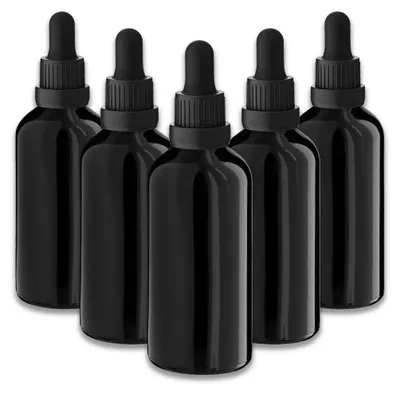 Produktbild von 5x Glasflasche schwarz 100 ml mit schwarzer Pipette Tropfflaschen Kosmetik