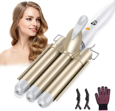 Produktbild von Lockenstab 3 Fässer Welleneisen,22mm für Haare Beach Waves Lockenwickler,Turmalin Keramik Curling Iron Schnelle Erwärmung Mit 2Clips & einem Handschuh
