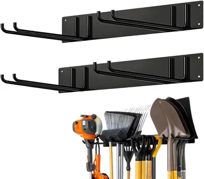 Produktbild von Wandhalterung für Gartengeräte mit 4 Doppelhaken, Tragkraft von 150 kg, ideal für Garage, Garten und Keller