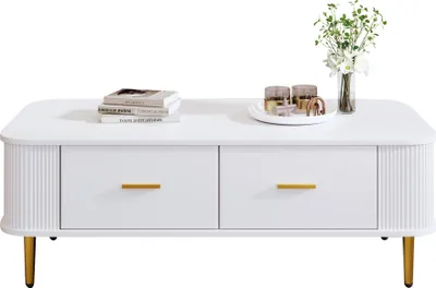 Produktbild von Sweiko Couchtisch mit Schubladen, geschwungenen Ecken, Wohnzimmertisch mit gewellten Seiten, goldenen Griffen und Beinen, Beistelltisch