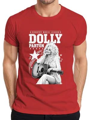 Immagine prodotto di Maglietta da uomo, stile western, con la scritta "Dolly Parton", leggenda della musica country, e un'immagine di una chitarra acustica. Colore: rosso. Taglia: S