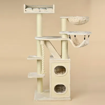 Produktbild von RHRQuality Kratzbaum für große Katzen – Cat Penthouse Crown – Beige – mit extra dicken 12 cm Sisalstämmen und XXL-Kratztonne