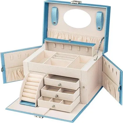Produktbild von Famanu Schmuckkästchen mit 4 Ebenen und 3 Schubladen - Für Ringe, Ohrringe, Halsketten und Armbänder - Champagnerblau mit Spiegel