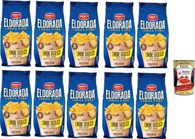 Produktbild von Amica Chips Eldorada Salzige Kartoffelchips mit Zitrone und Basilikum 10x 130g glutenfreie knusprige Kartoffel chips + Italian Gourmet poplpa 400g