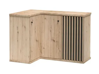 A corner cabinet with a louvered door on a white background.