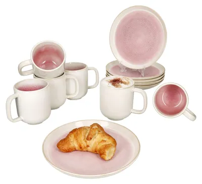 Produktbild von 12tlg Frühstücksset Reactive Glaze Paris Steingut 6 Personen Teller Becher Pink