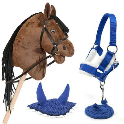 Productafbeelding van Hobby Horse set, bruin, met blauwe hoofdstel, longeerlijn en bitje - Formaat A3