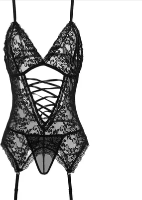Zdjęcie produktu dla Zmysłowe Koronkowe Body Bielizna Nocna Koronka Komplet Strój Stringi Czarny