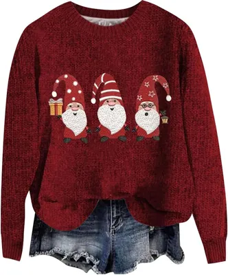 Produktbild von ASKSA Damen Lustige Weihnachtspullover Strickpullover Winter Rundhals Pulli Christmas Sweater Langarm Oberteile Warm Weihnachtspulli,B-Rot,L