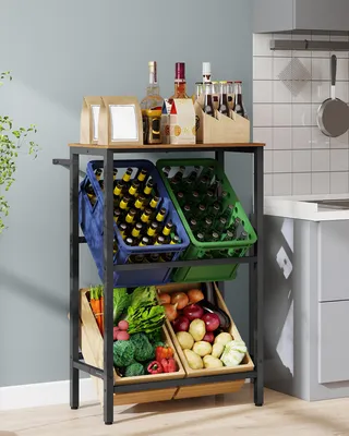 A SONGMICS beverage crate rack with bottles and produce.