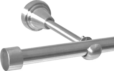 A close-up studio shot of a metal curtain rod with a wall mount.