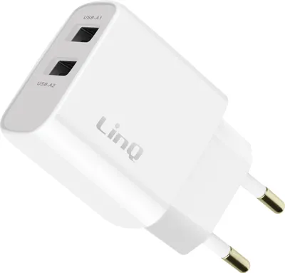 Zdjęcie produktu dla LinQ, ładowarka sieciowa z podwójnym portem USB o mocy 10,5 W, kompaktowy format, biała