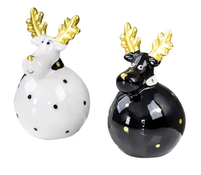 Produktbild von 2er Set Deko Elche Schwarz Weiß Gold Keramik Dekofigur Weihnachtsfigur Tischdeko Weihnachten Weihnachtsdeko Hirsch Dekofigur